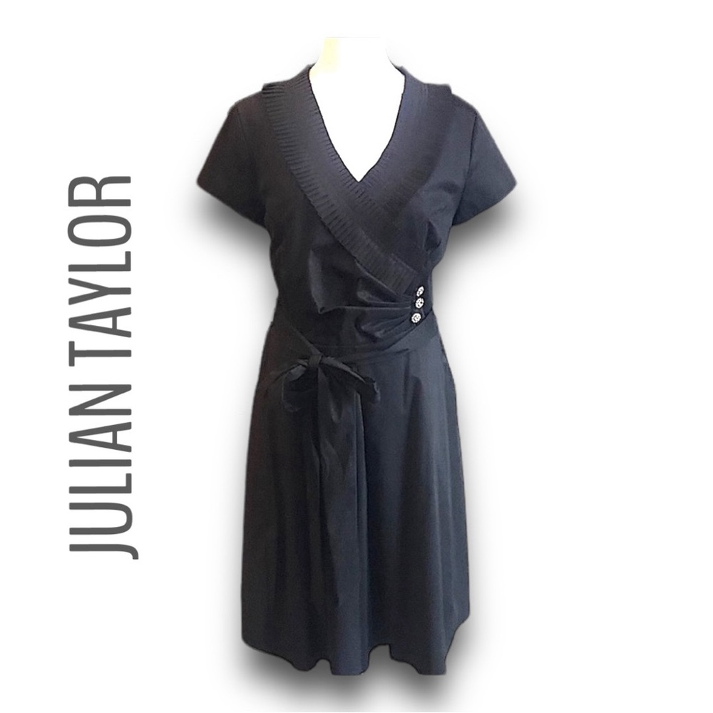 JULIAN TAYLOR Black Rhinestone V Ruffle Neckline Cocktail Cap Sleeve Dress SZ 4